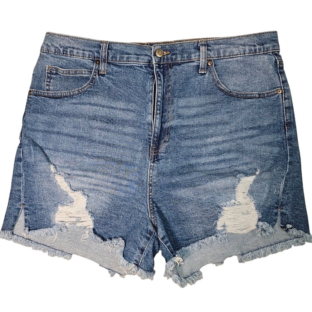 Denim Distressed Cut Off Jean Shorts High Rise Med Wash Whiskered Celebrity Pink